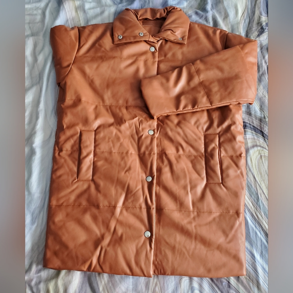 Blank NYC Cognac Faux Leather Puffer Coat